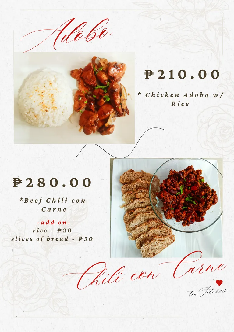 Chicken adobo and beef chili con carne menu page at TM Fitness Hub Bistro in Valencia, Negros Oriental