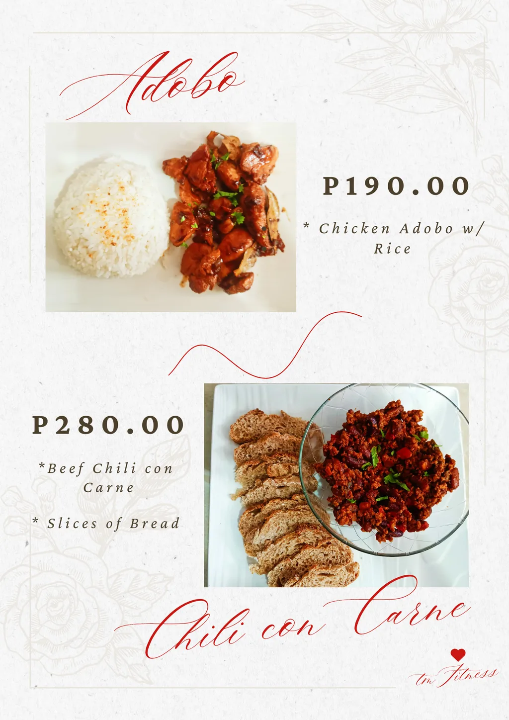 Adobo and chili con carne menu page at TM Fitness Hub in Valencia, Negros Oriental