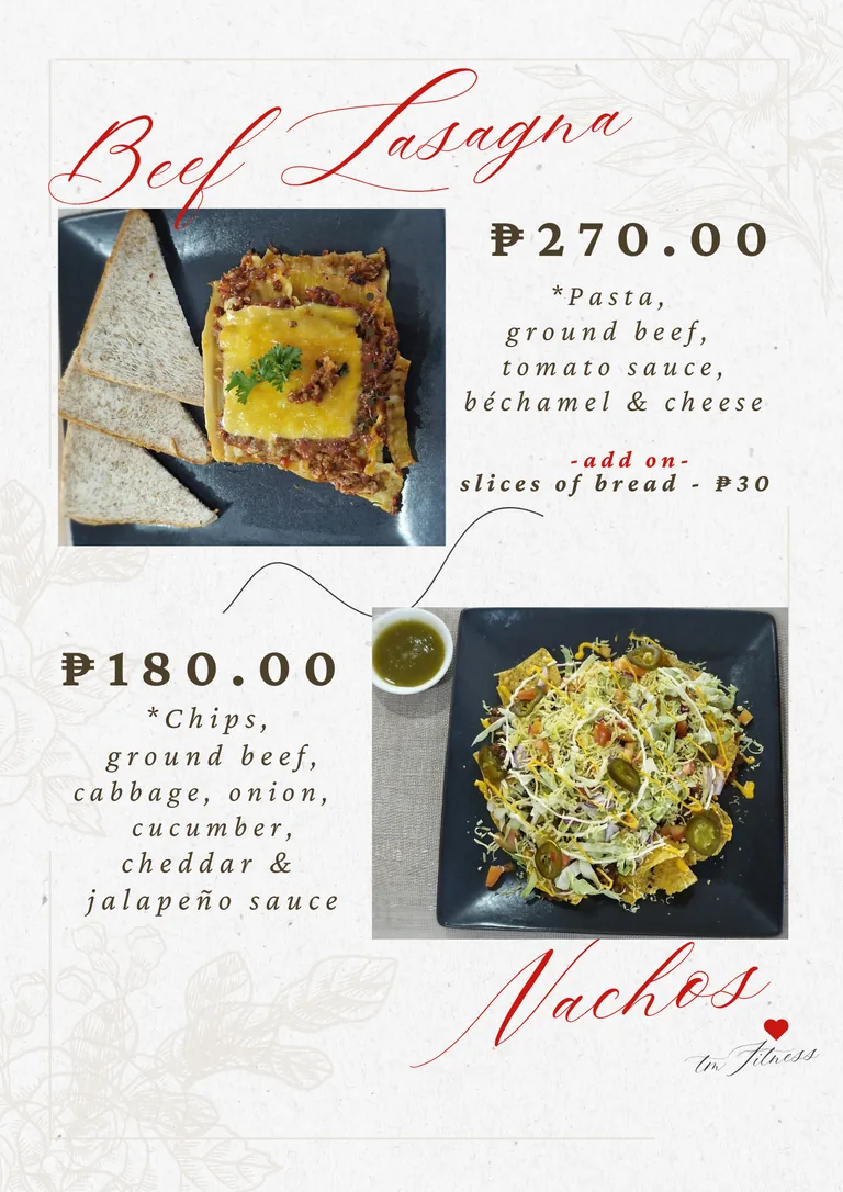 Beef lasagna and nachos menu page at TM Fitness Hub Bistro in Valencia, Negros Oriental