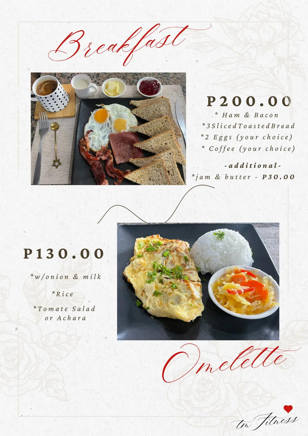 Breakfast and omelette menu page at TM Fitness Hub in Valencia, Negros Oriental