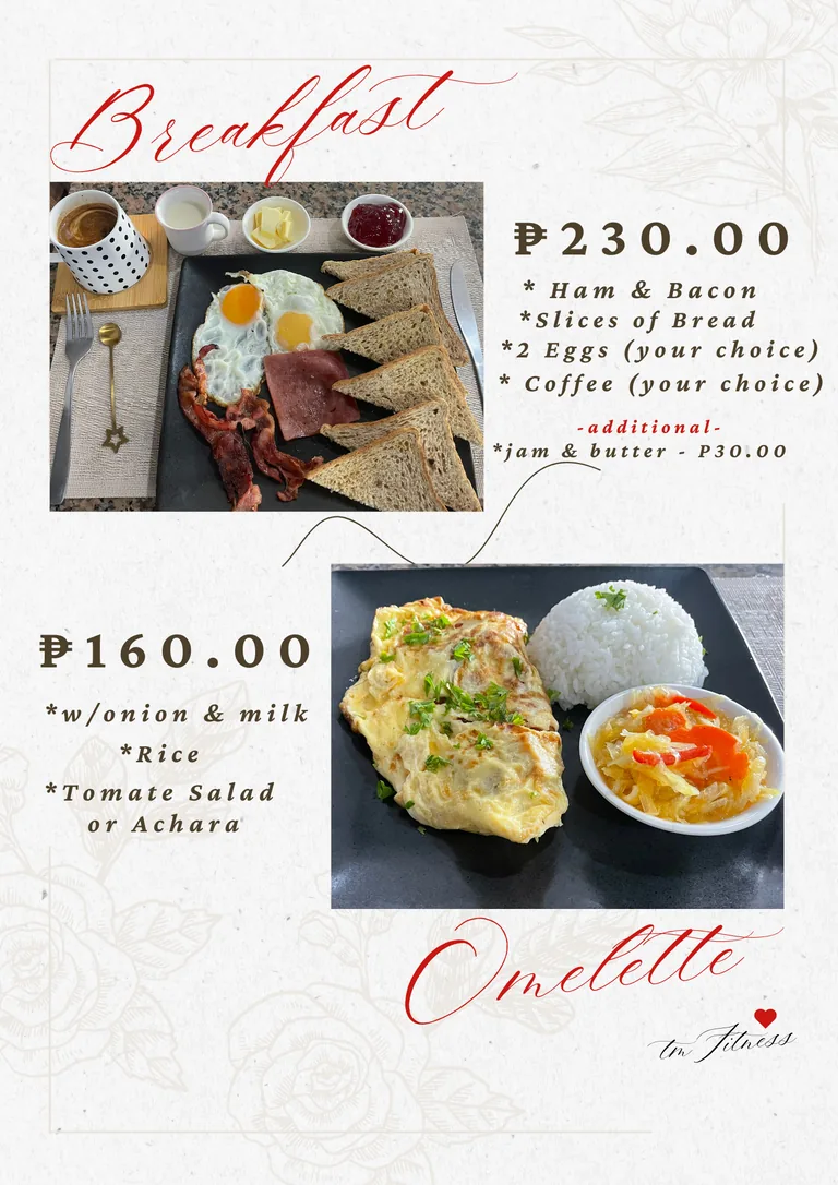 Breakfast set and omelette menu page at TM Fitness Hub Bistro in Valencia, Negros Oriental