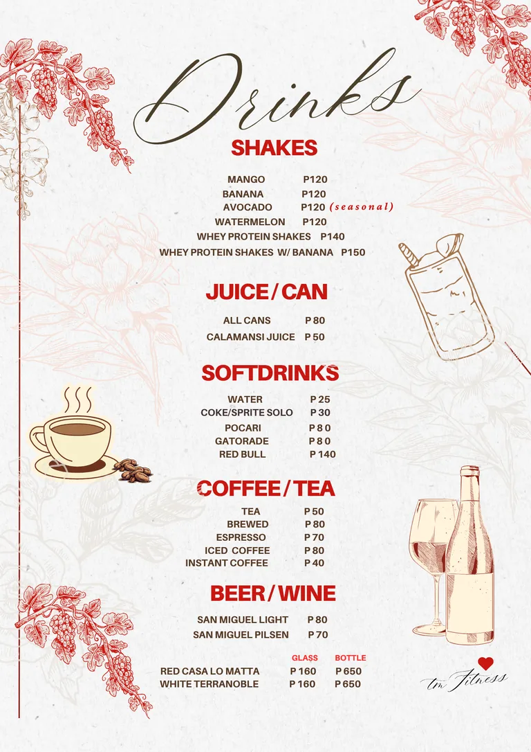 Drinks menu page with shakes coffee tea beer and wine at TM Fitness Hub Bistro in Valencia, Negros Oriental