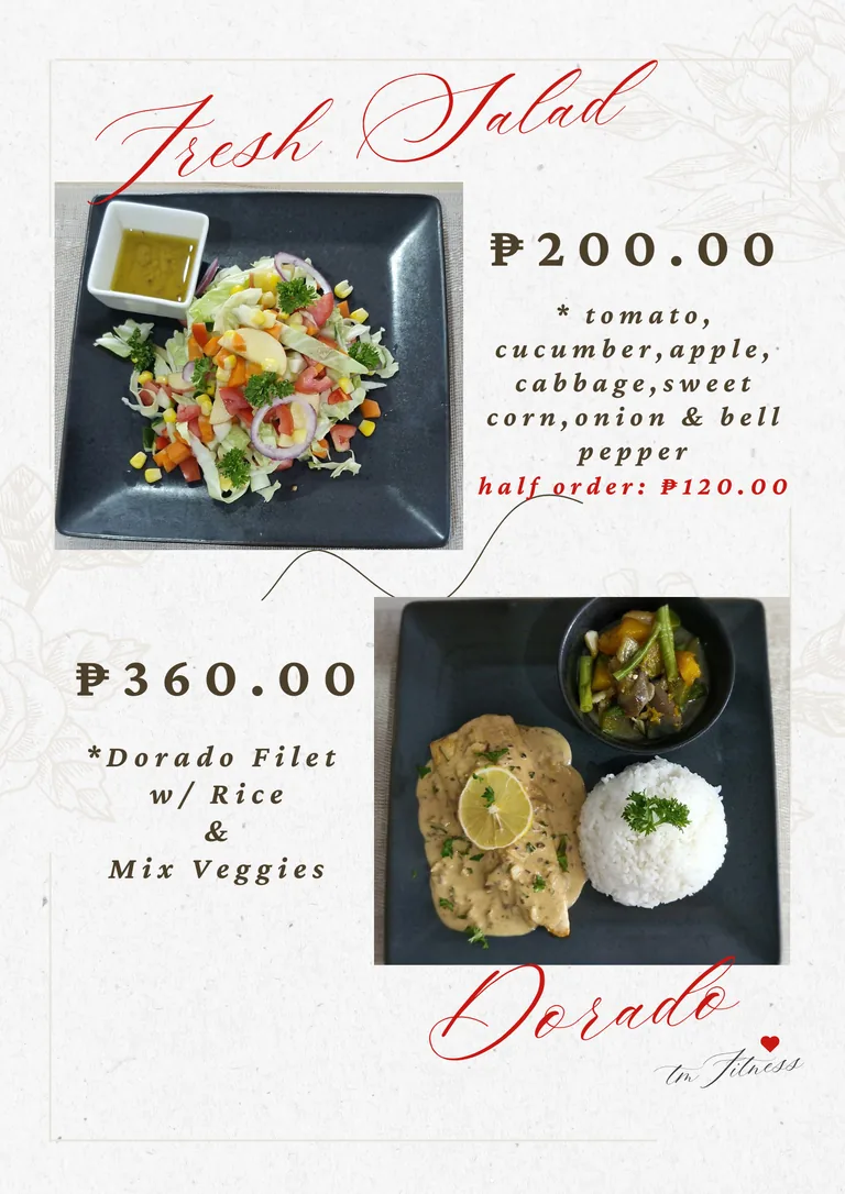 Fresh salad and dorado filet menu page at TM Fitness Hub Bistro in Valencia, Negros Oriental