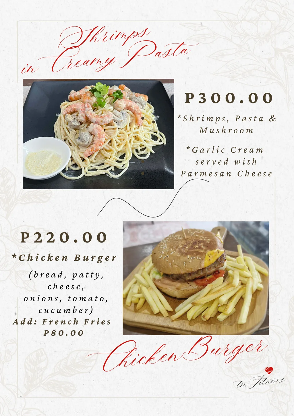 Pasta and burger menu page at TM Fitness Hub in Valencia, Negros Oriental