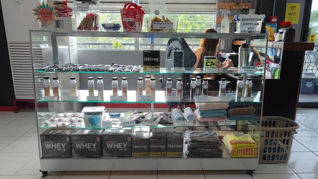 Merchandise display at TM Fitness Hub Bistro in Valencia, Negros Oriental
