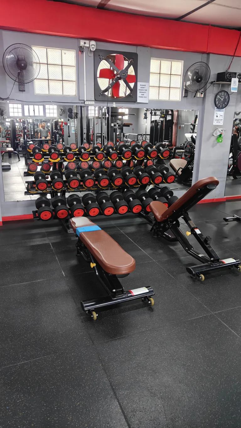 Adjustable benches beside the dumbbell rack at TM Fitness Hub in Valencia, Negros Oriental